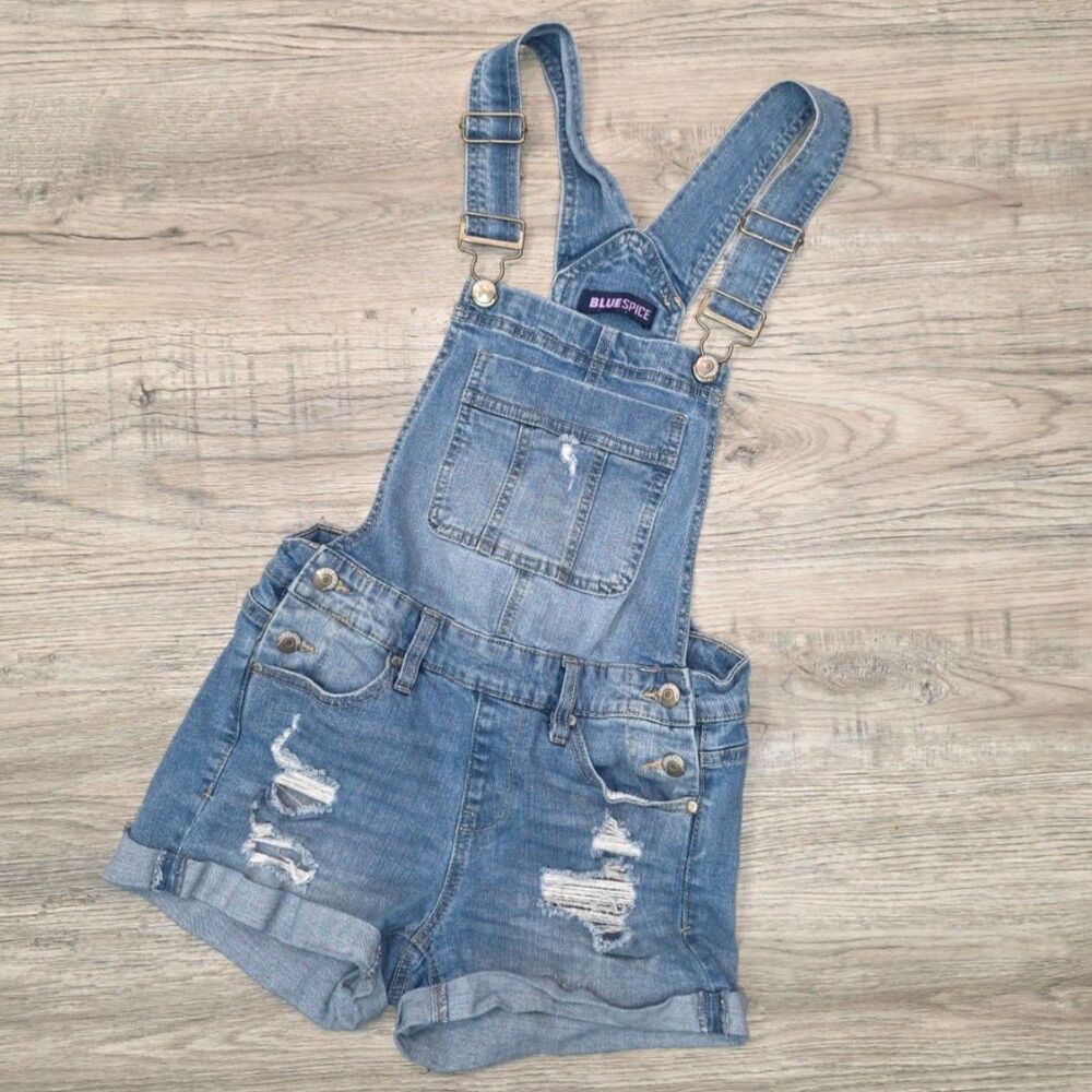Blue Spice Distressed Denim Overall Shorts | Juniors Size 1 | Light Wash Stretch - Picture 2 of 8